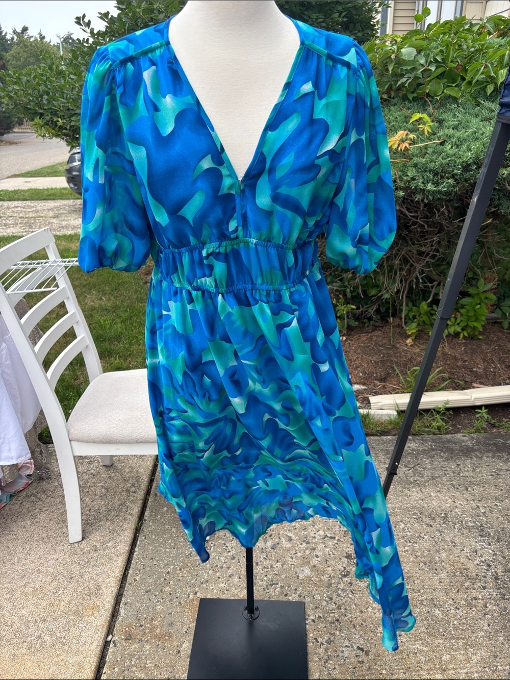 Blue Abstract Print V-Neck Women's Dress